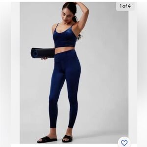ATHLETA Elation Velvet leggings & Crop Top Bra Athletic Set Blue Large Workout